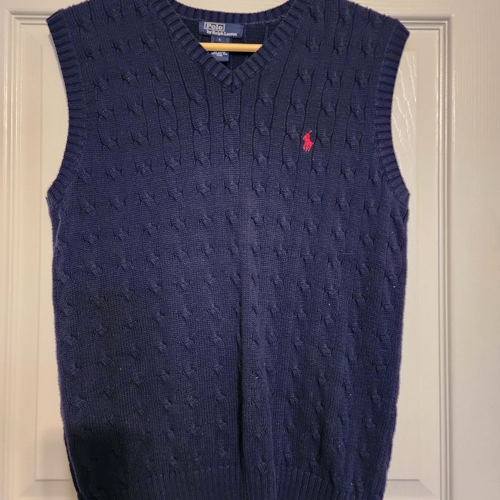 Polo by Ralph Lauren Navy Cable-Knit V-Neck Sweater Vest with Red Pony